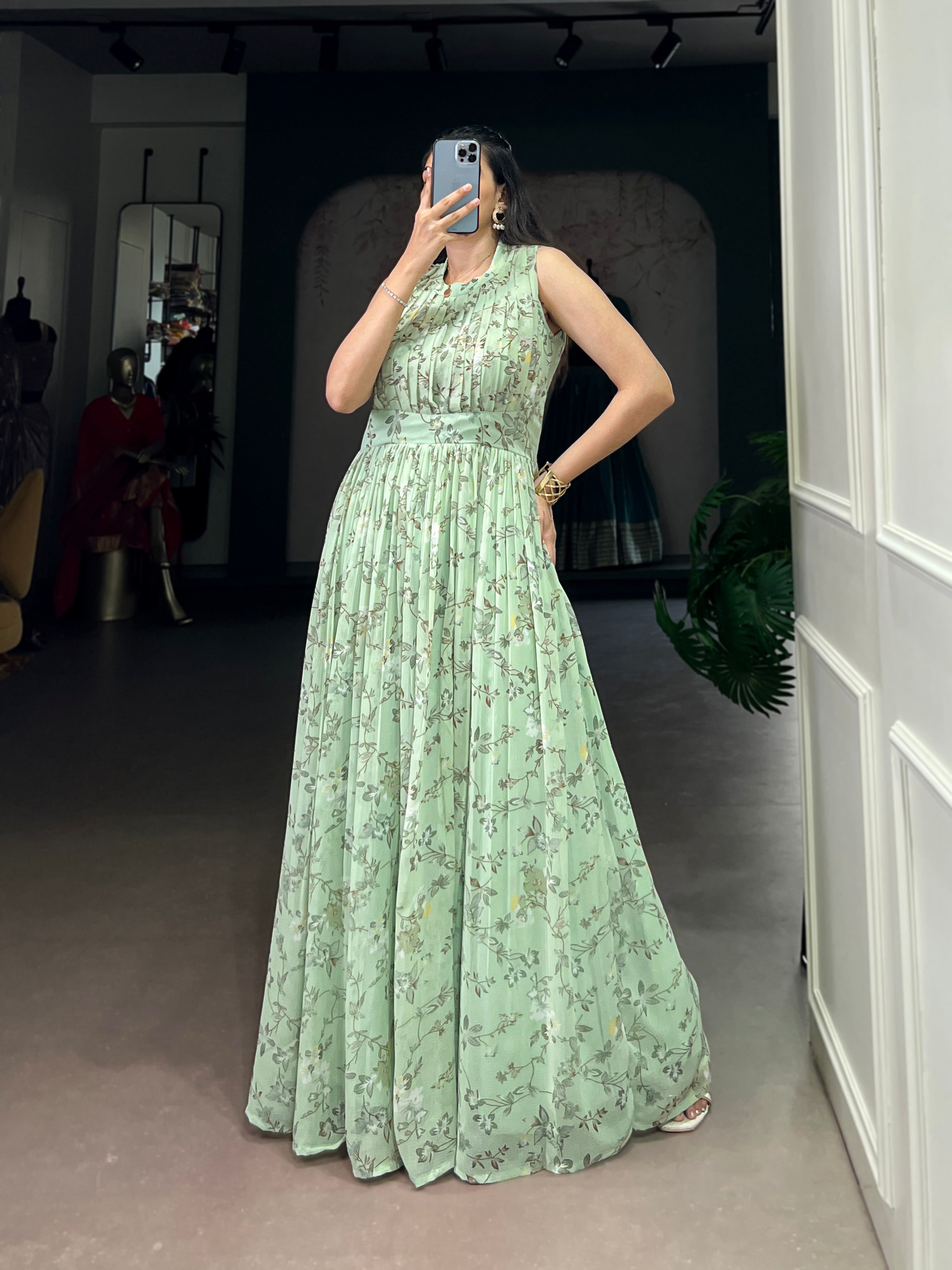 Designer Floral Printed Gown of Green Colour