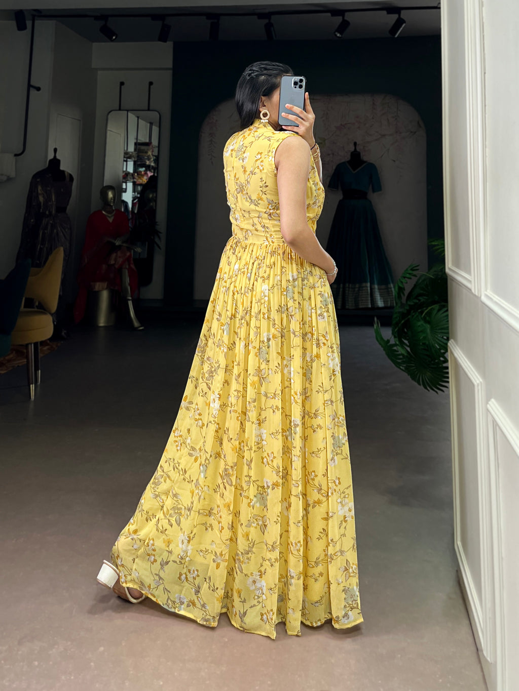 Designer Floral Printed Gown of Yellow Colour