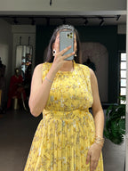 Designer Floral Printed Gown of Yellow Colour