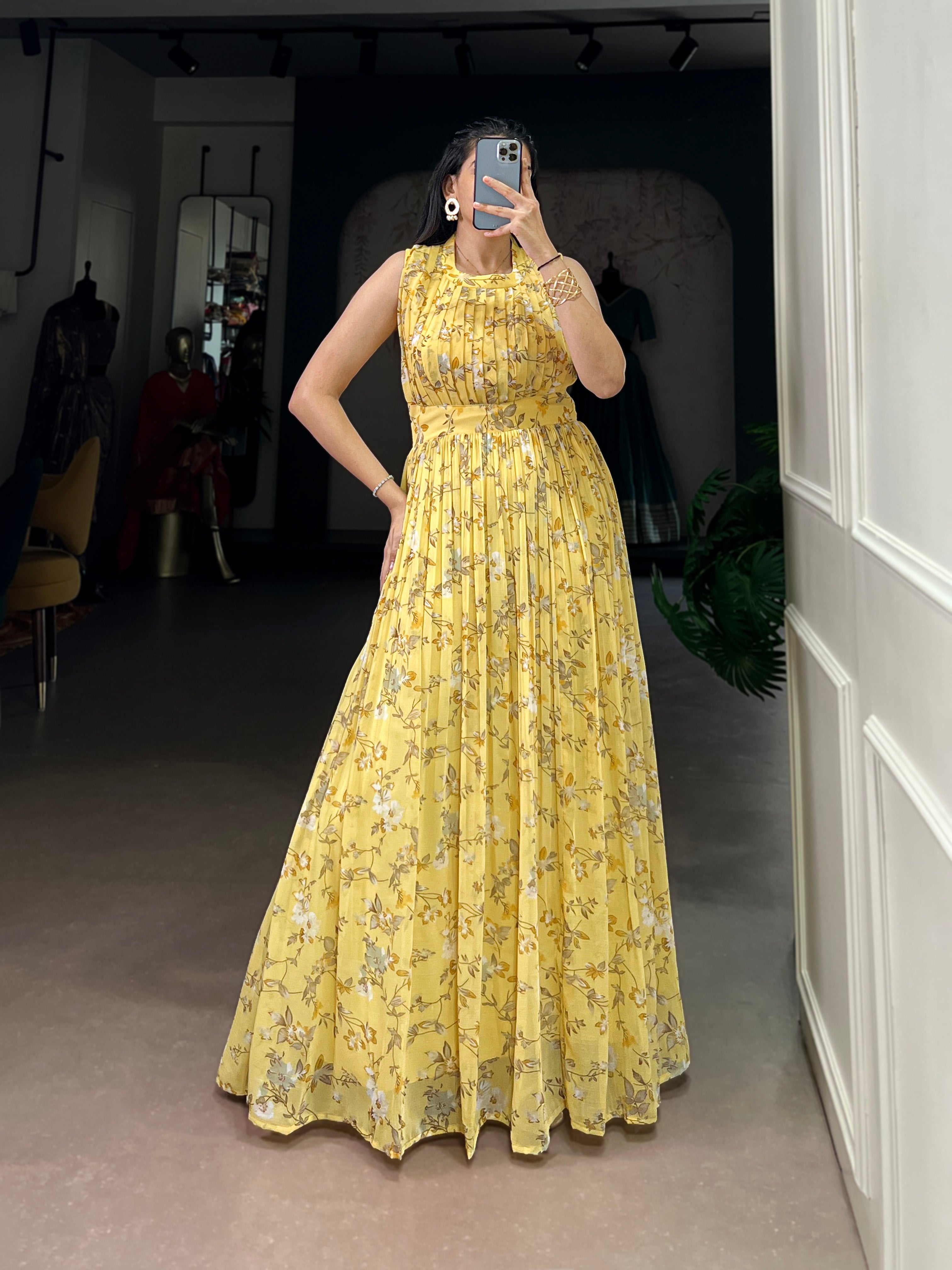 Designer Floral Printed Gown of Yellow Colour