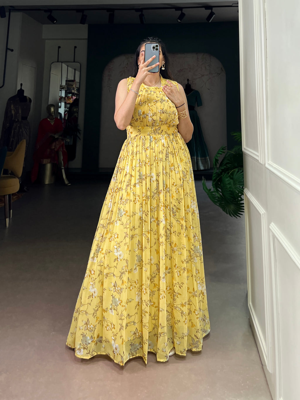 Designer Floral Printed Gown of Yellow Colour
