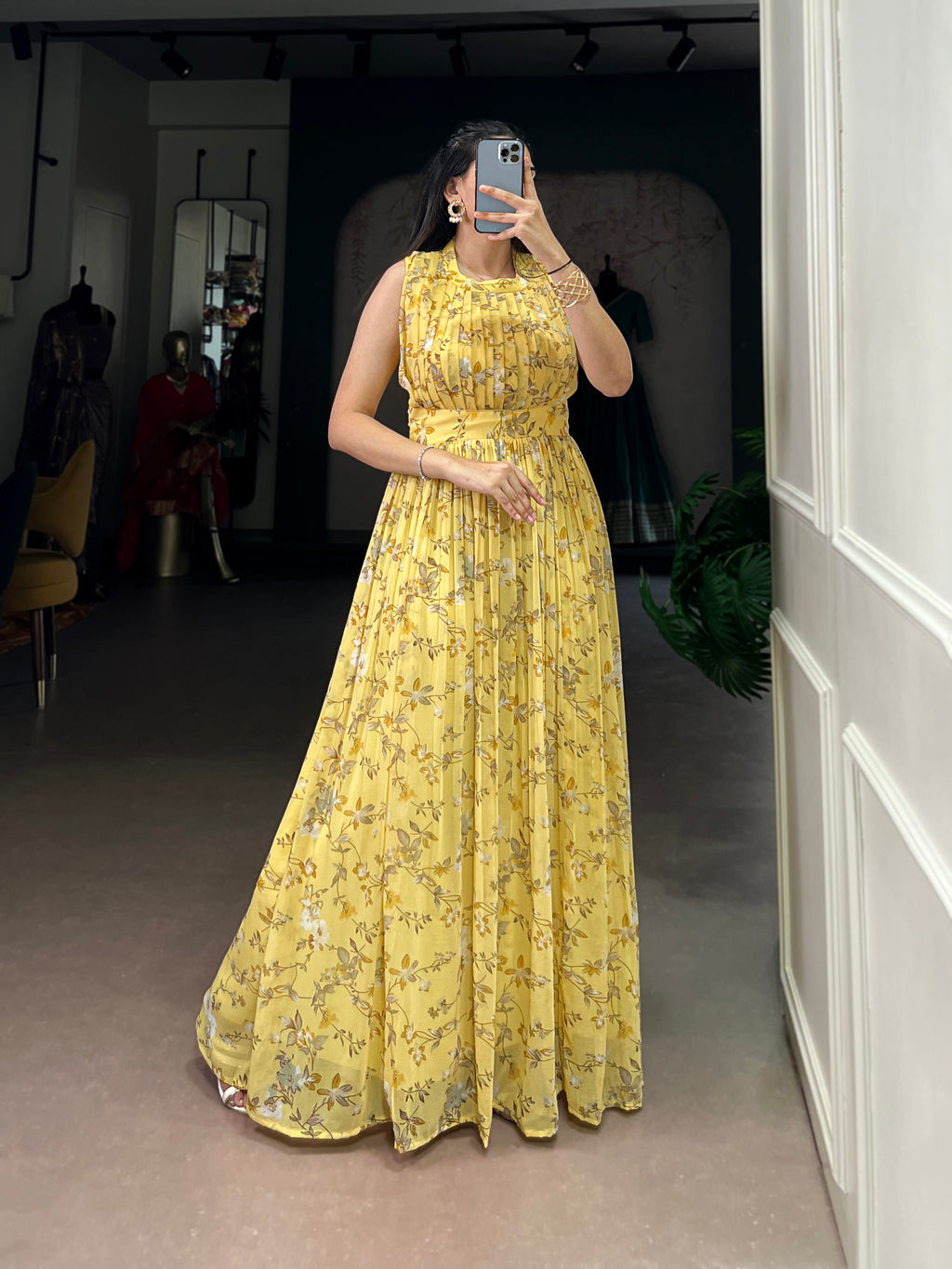 Designer Floral Printed Gown of Yellow Colour