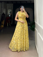 Designer Floral Printed Gown of Yellow Colour