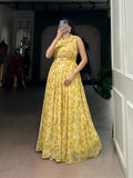 Designer Floral Printed Gown of Yellow Colour