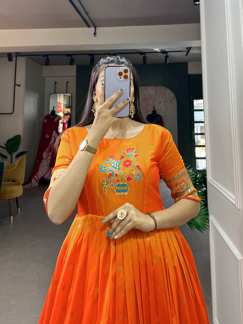 Designer Jari Woven Gown of Orange Colour