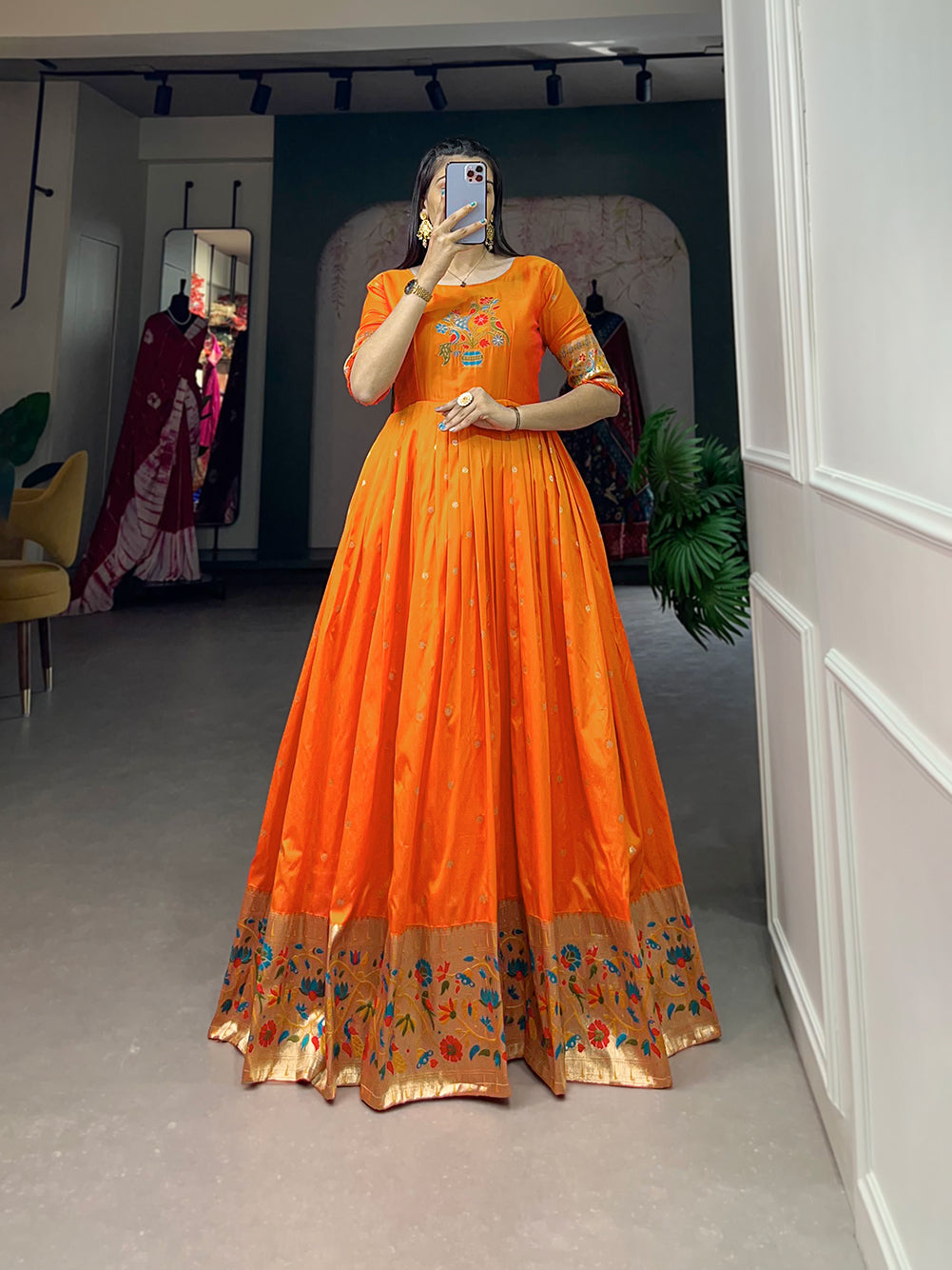 Designer Jari Woven Gown of Orange Colour