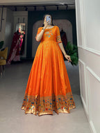 Designer Jari Woven Gown of Orange Colour