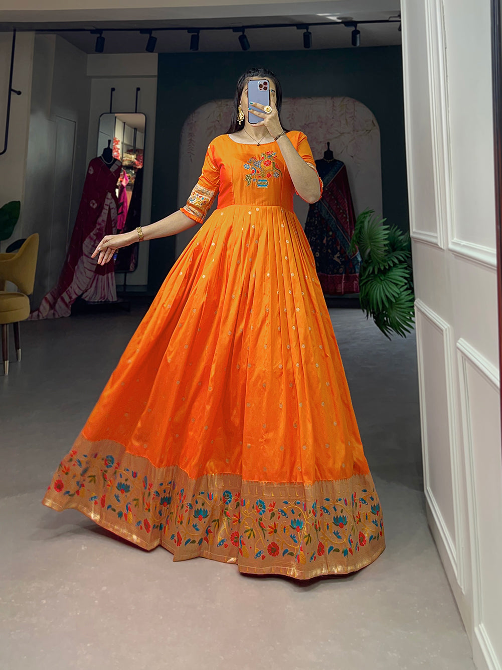 Designer Jari Woven Gown of Orange Colour