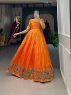 Designer Jari Woven Gown of Orange Colour