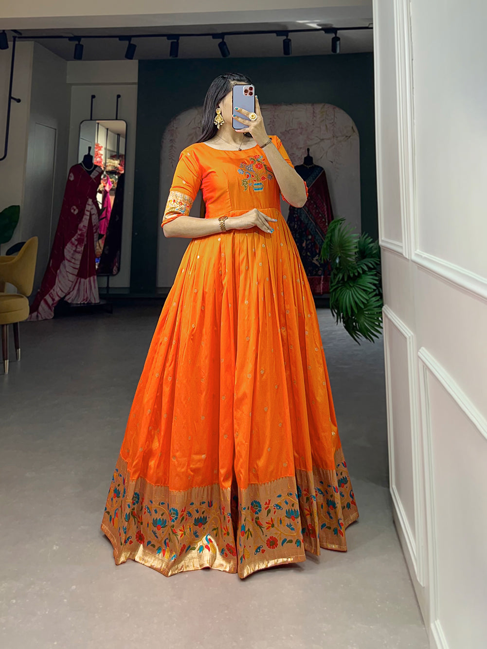Designer Jari Woven Gown of Orange Colour