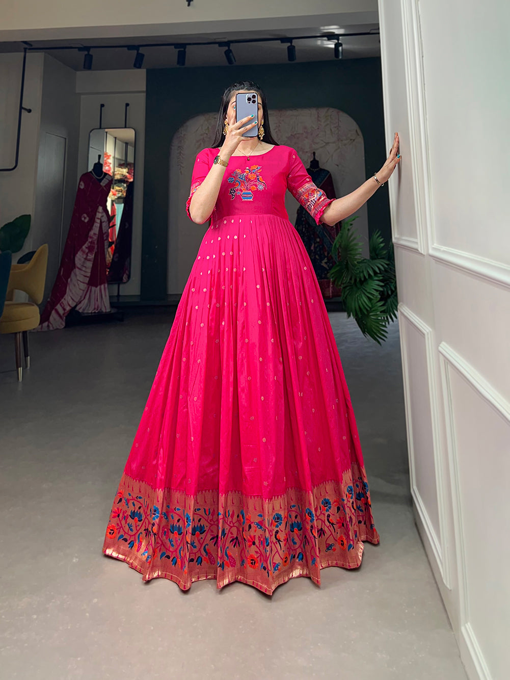 Designer Jari Woven Gown of Pink Colour