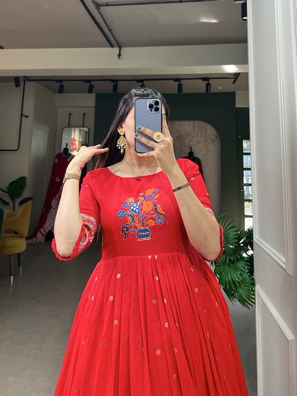 Designer Jari Woven Gown of Red Colour