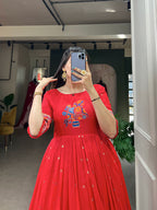 Designer Jari Woven Gown of Red Colour