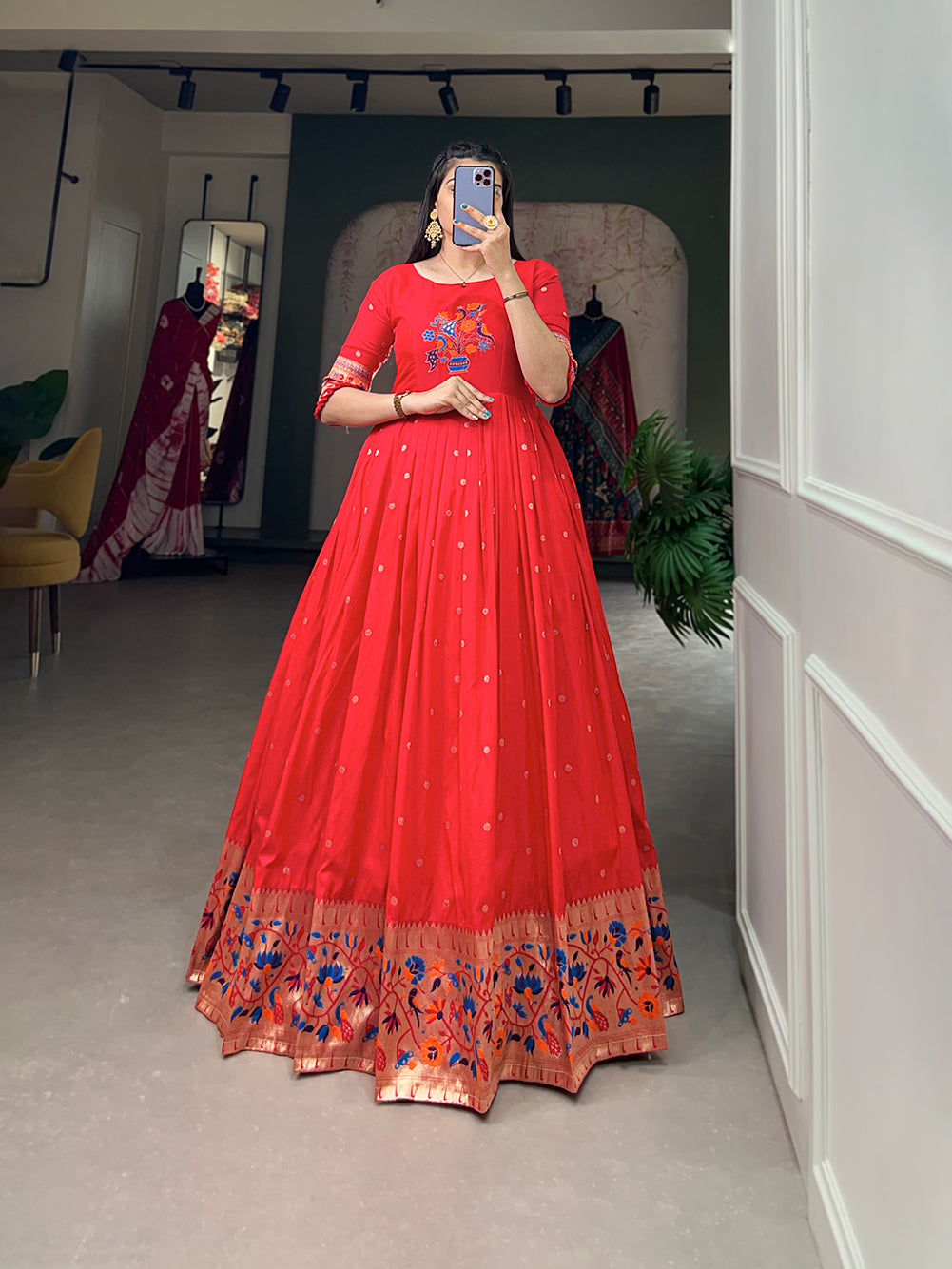 Designer Jari Woven Gown of Red Colour