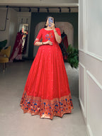 Designer Jari Woven Gown of Red Colour