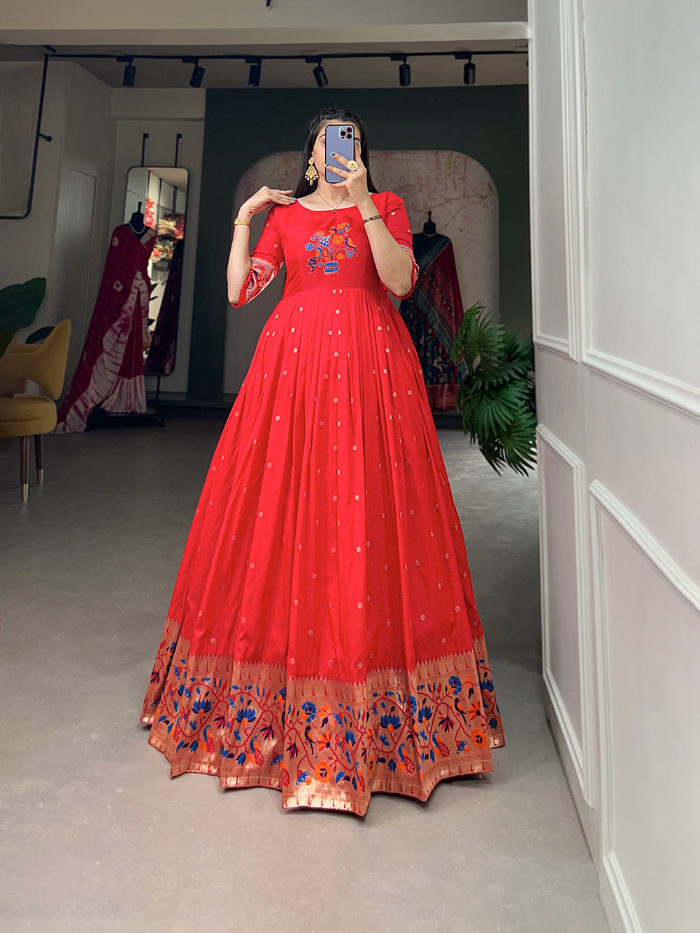 Designer Jari Woven Gown of Red Colour