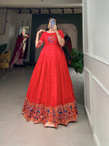 Designer Jari Woven Gown of Red Colour