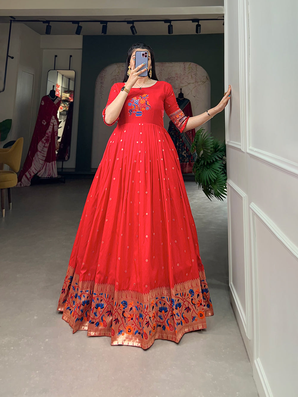 Designer Jari Woven Gown of Red Colour