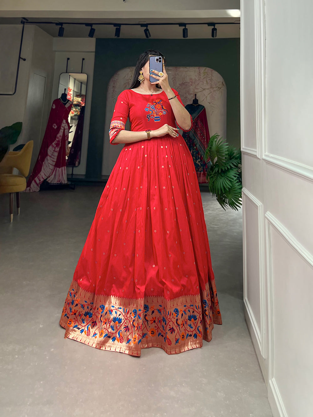 Designer Jari Woven Gown of Red Colour