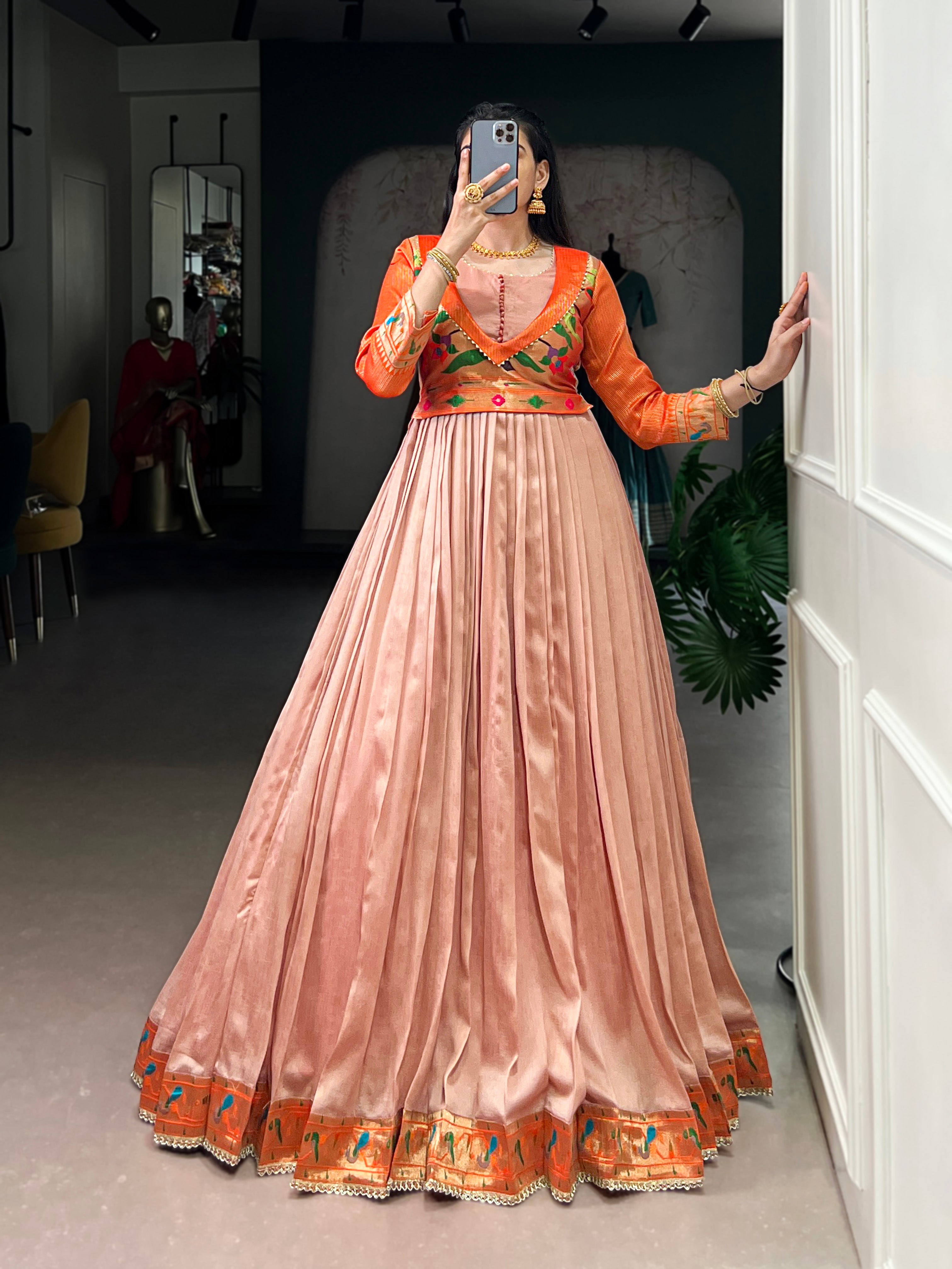 Designer Jari Woven Fown of Orange Colour