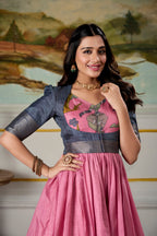 Designer Zari Woven Shrug with Kalamkari Printed Gown of Pink Colour