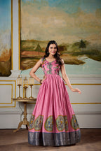 Designer Zari Woven Shrug with Kalamkari Printed Gown of Pink Colour