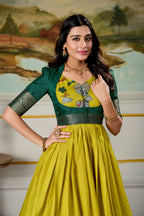 Designer Zari Woven Shrug with Kalamkari Printed Gown of Green Colour