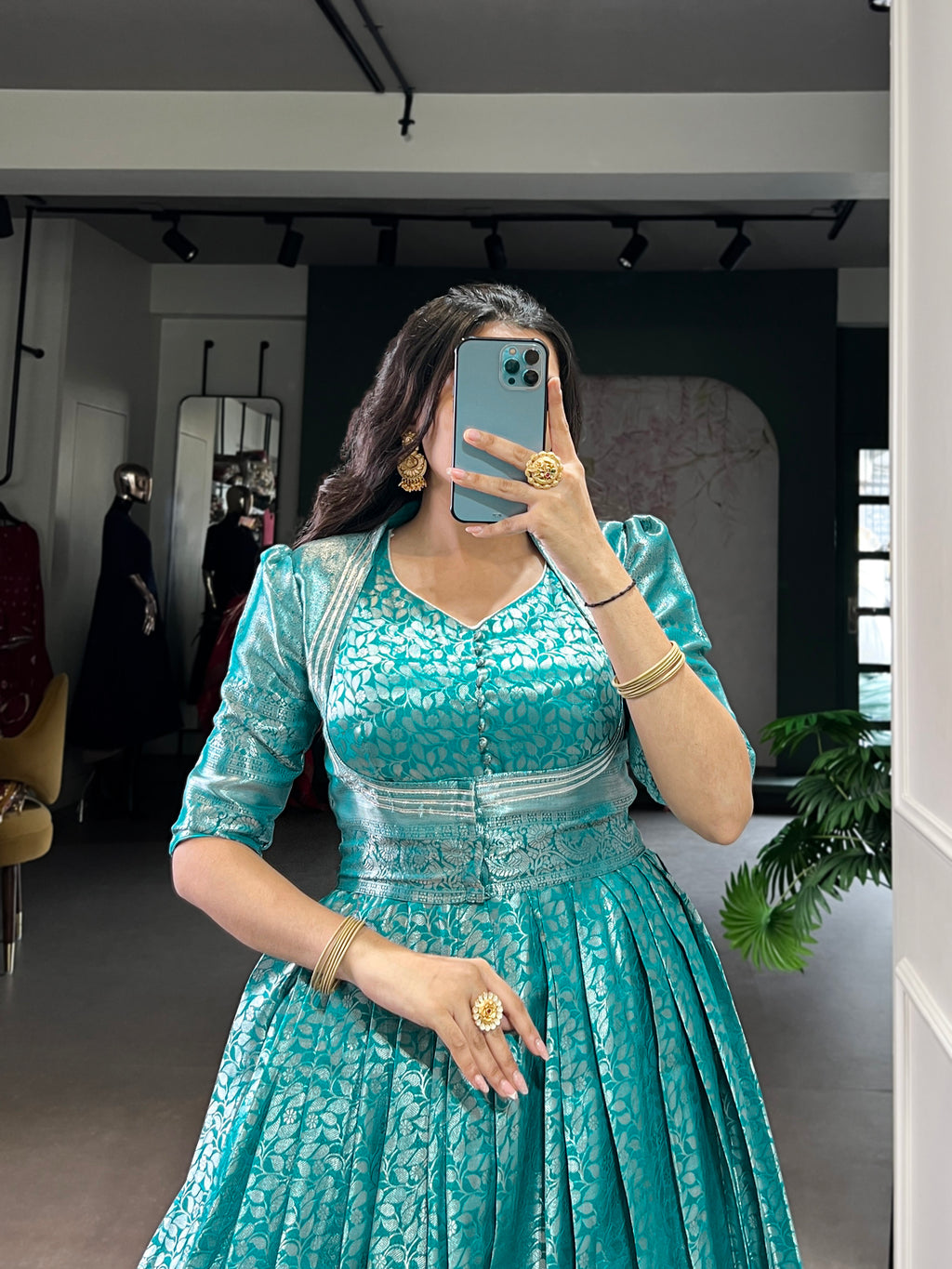 Designer Zari Woven Shrug with Kanjivaram Woven Gown of Teal Colour