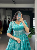 Designer Zari Woven Shrug with Kanjivaram Woven Gown of Teal Colour