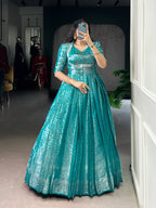 Designer Zari Woven Shrug with Kanjivaram Woven Gown of Teal Colour