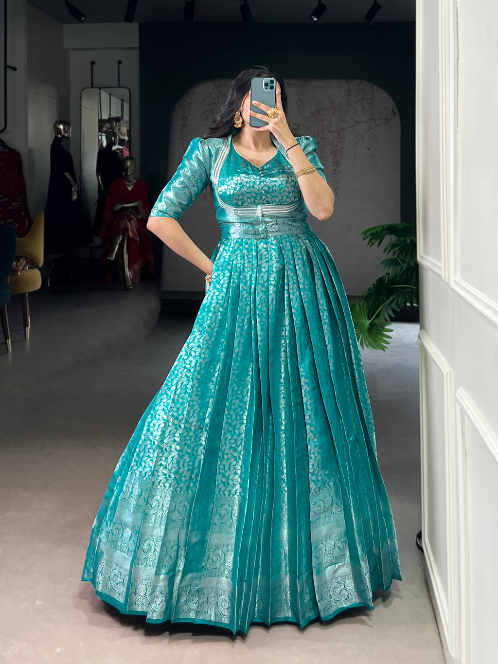 Designer Zari Woven Shrug with Kanjivaram Woven Gown of Teal Colour