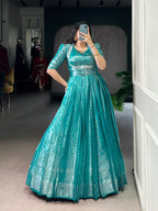 Designer Zari Woven Shrug with Kanjivaram Woven Gown of Teal Colour