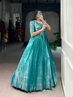 Designer Zari Woven Shrug with Kanjivaram Woven Gown of Teal Colour