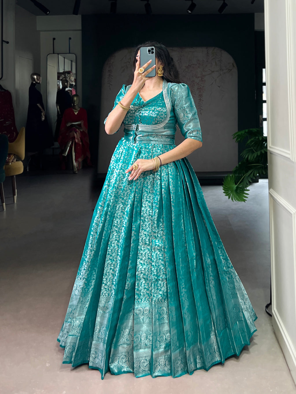 Designer Zari Woven Shrug with Kanjivaram Woven Gown of Teal Colour