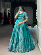 Designer Zari Woven Shrug with Kanjivaram Woven Gown of Teal Colour