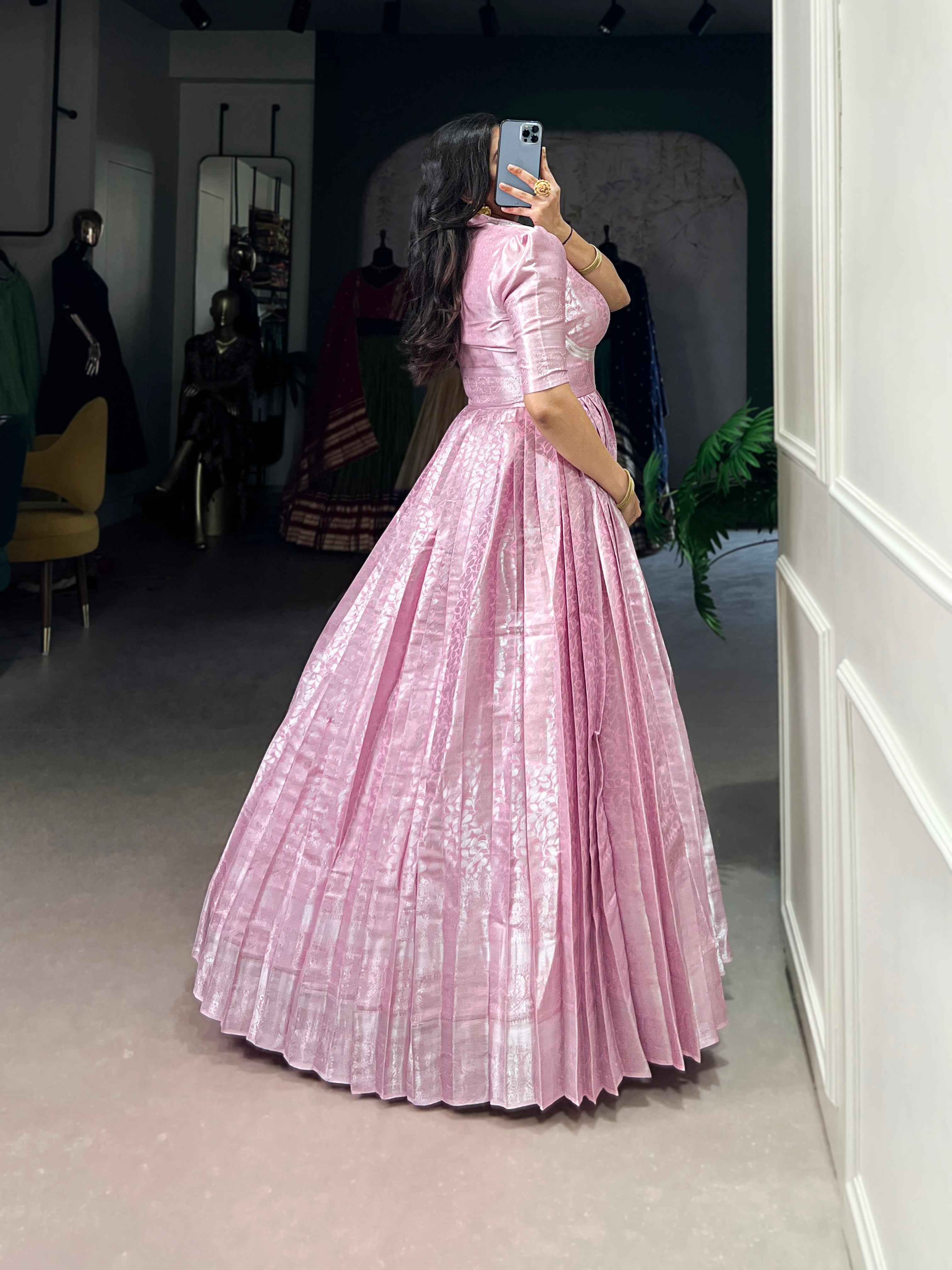 Designer Zari Woven Shrug with Kanjivaram Woven Gown of Pink Colour