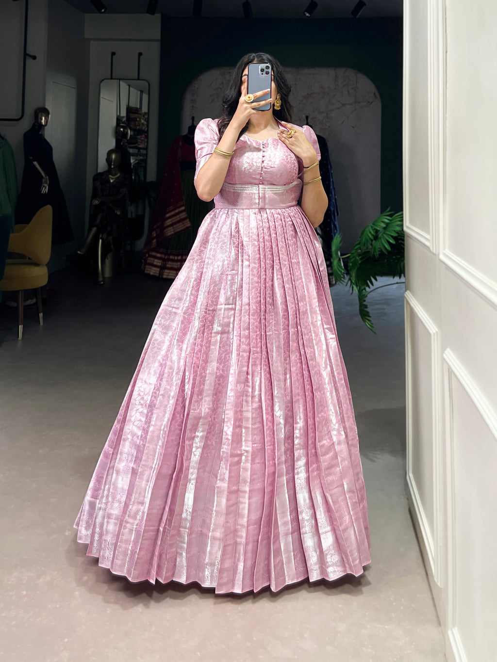 Designer Zari Woven Shrug with Kanjivaram Woven Gown of Pink Colour