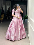 Designer Zari Woven Shrug with Kanjivaram Woven Gown of Pink Colour