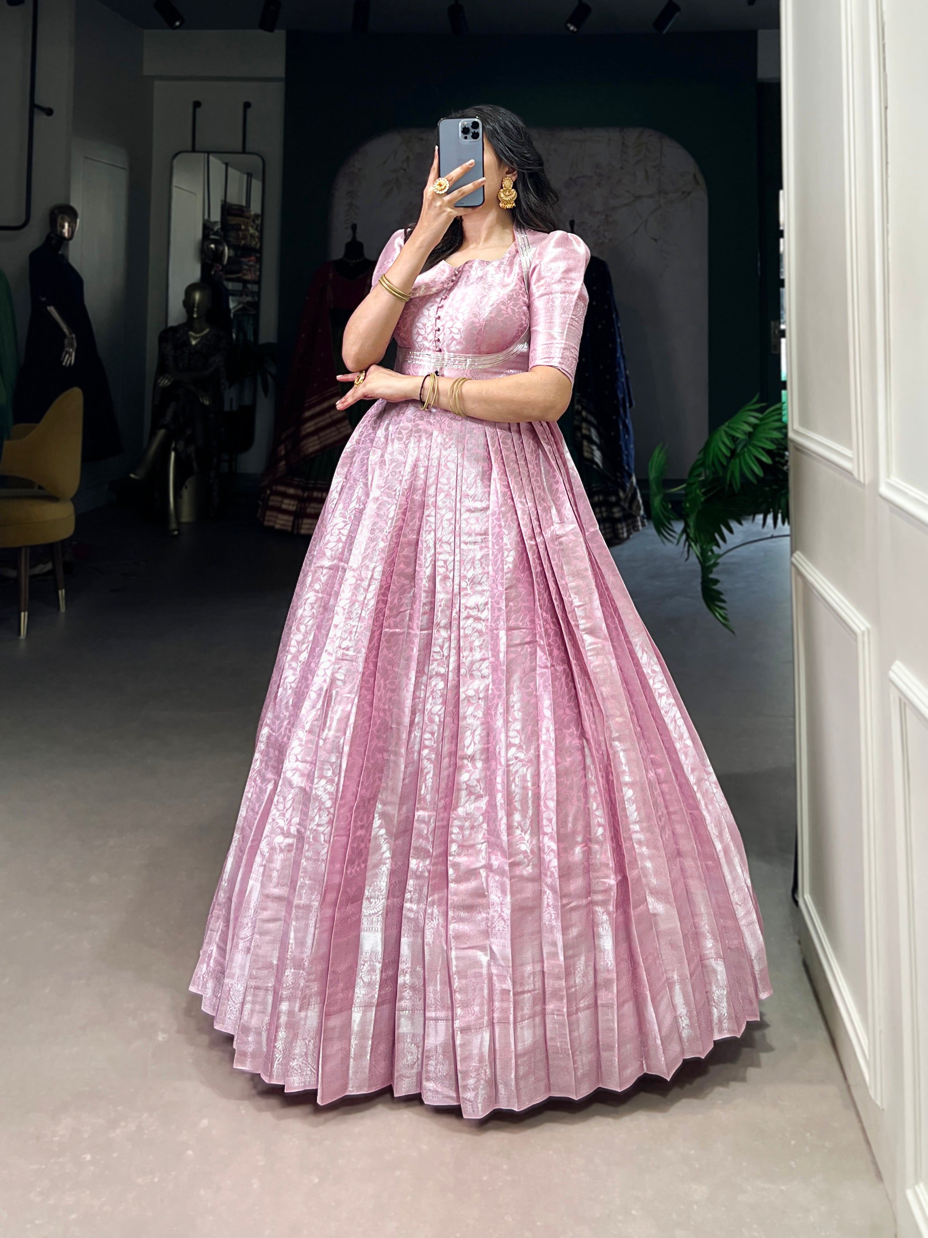 Designer Zari Woven Shrug with Kanjivaram Woven Gown of Pink Colour