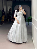Designer Zari Woven Shrug with Kanjivaram Woven Gown of White Colour
