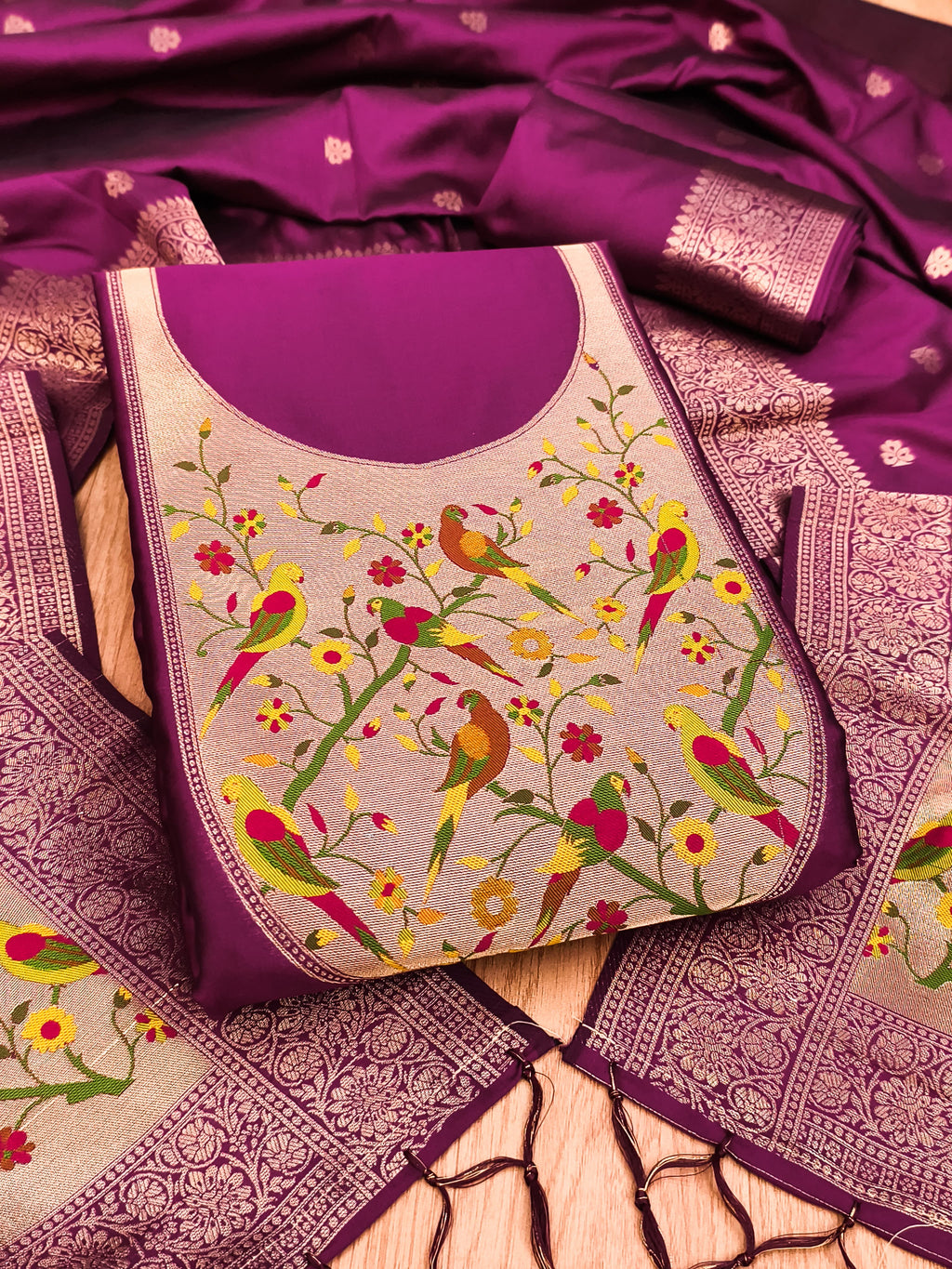 Wine Color Paithani woven Pattern Top, Bottom & Dupatta Dress Material