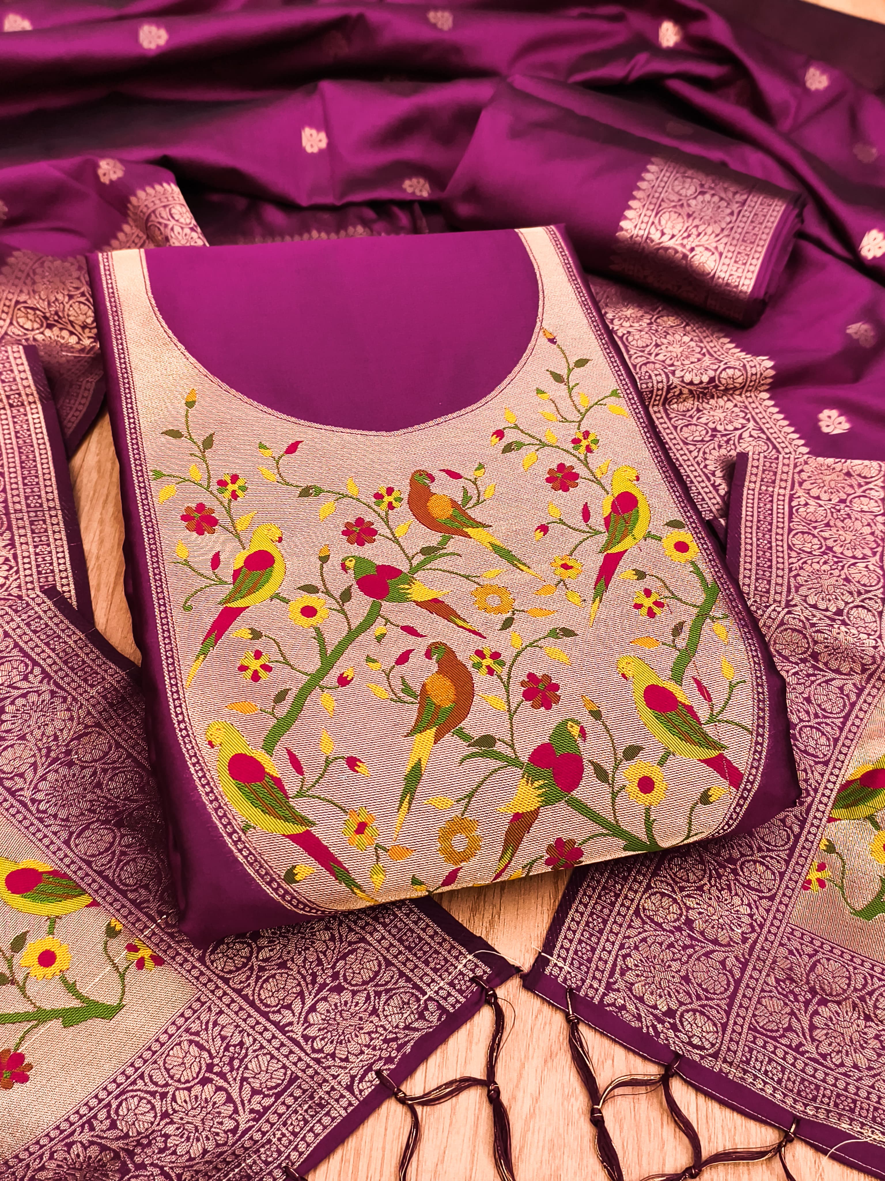 Wine Color Paithani woven Pattern Top, Bottom & Dupatta Dress Material