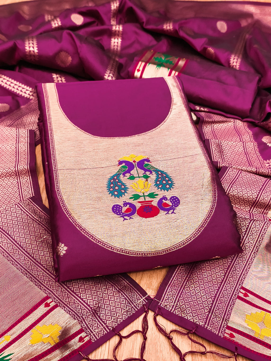 Wine Color Paithani woven Pattern Top, Bottom & Dupatta Dress Material