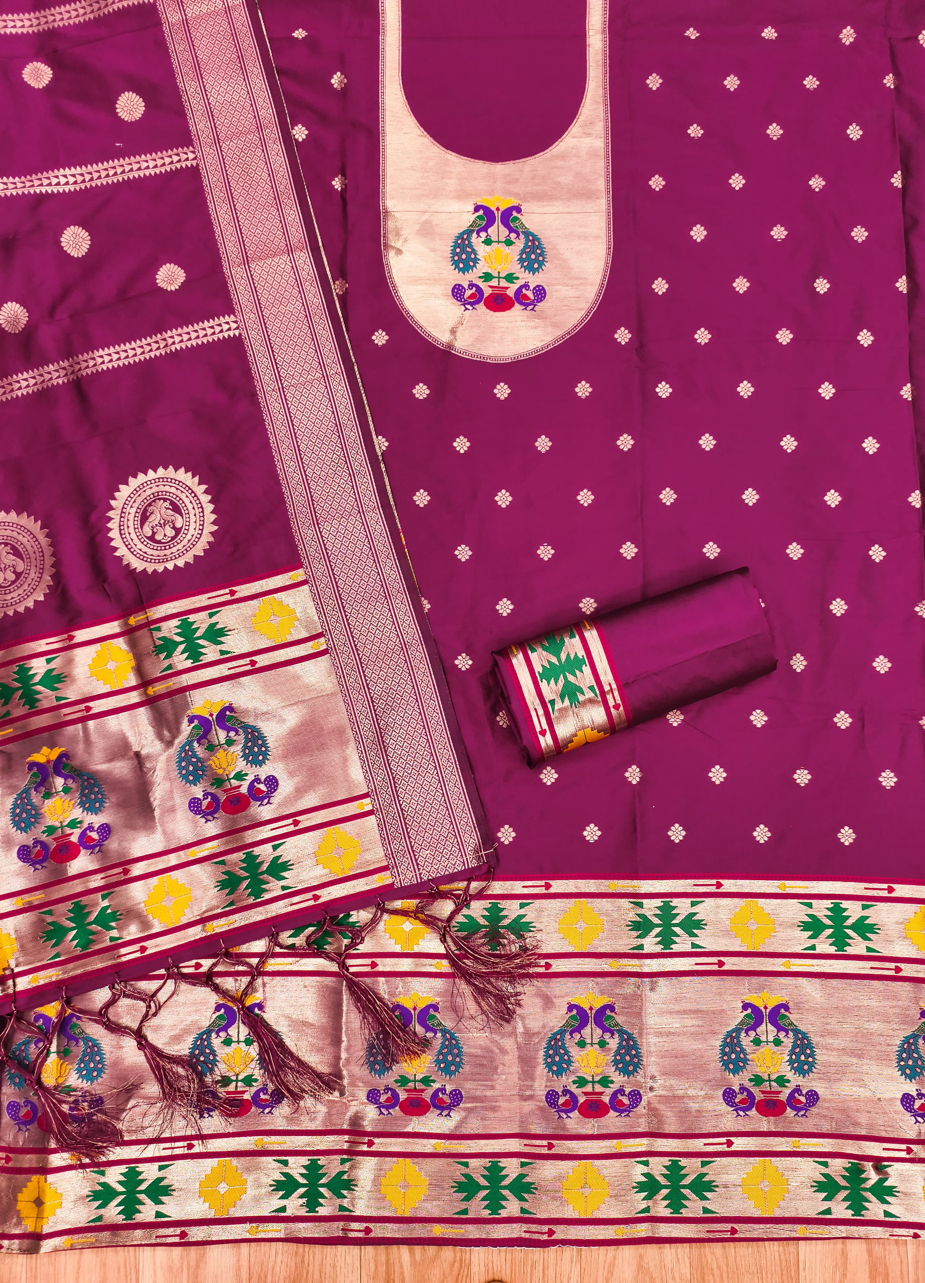 Wine Color Paithani woven Pattern Top, Bottom & Dupatta Dress Material