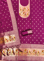 Wine Color Paithani woven Pattern Top, Bottom & Dupatta Dress Material