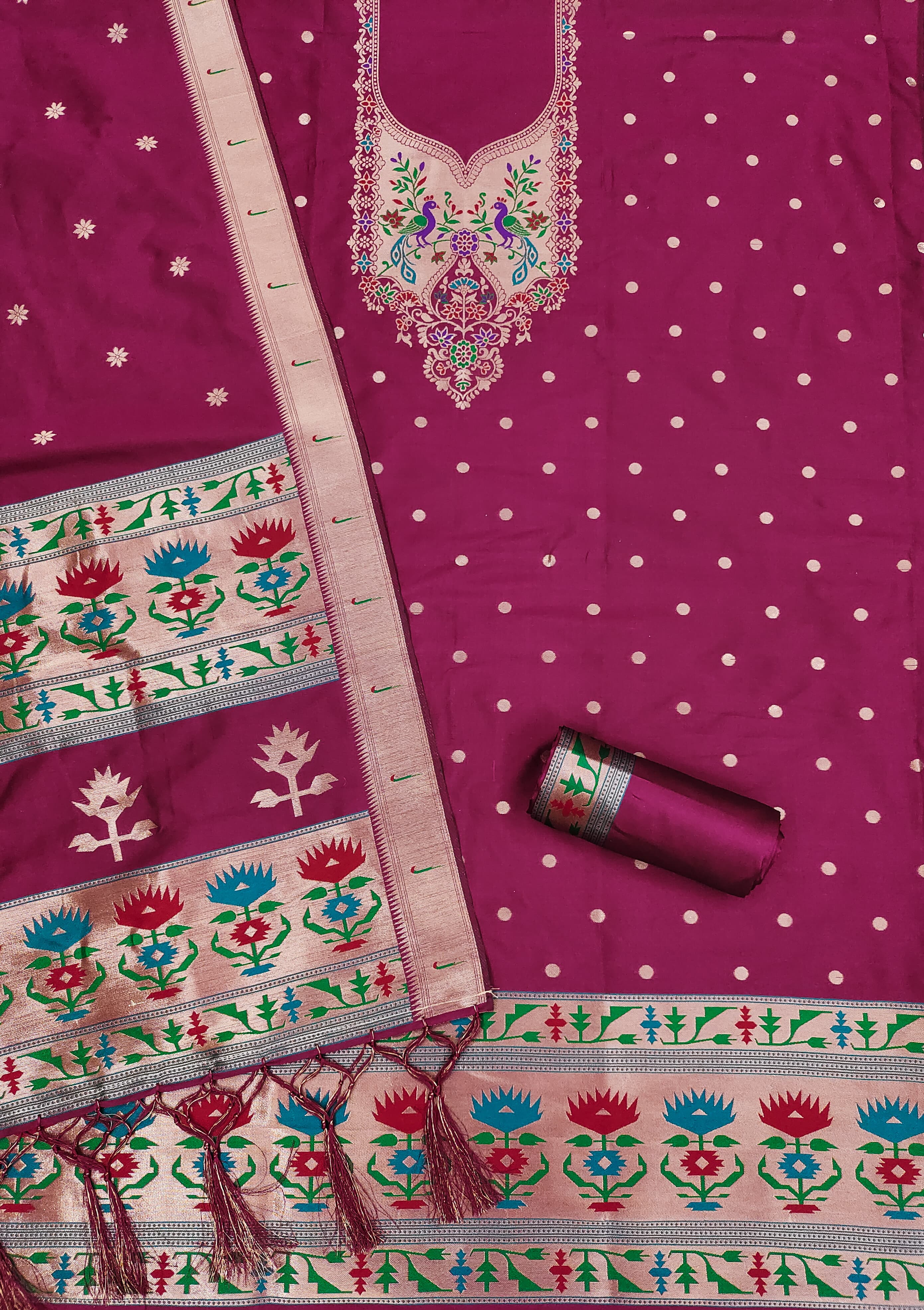 Maroon Color Paithani woven Pattern Top, Bottom & Dupatta Dress Material