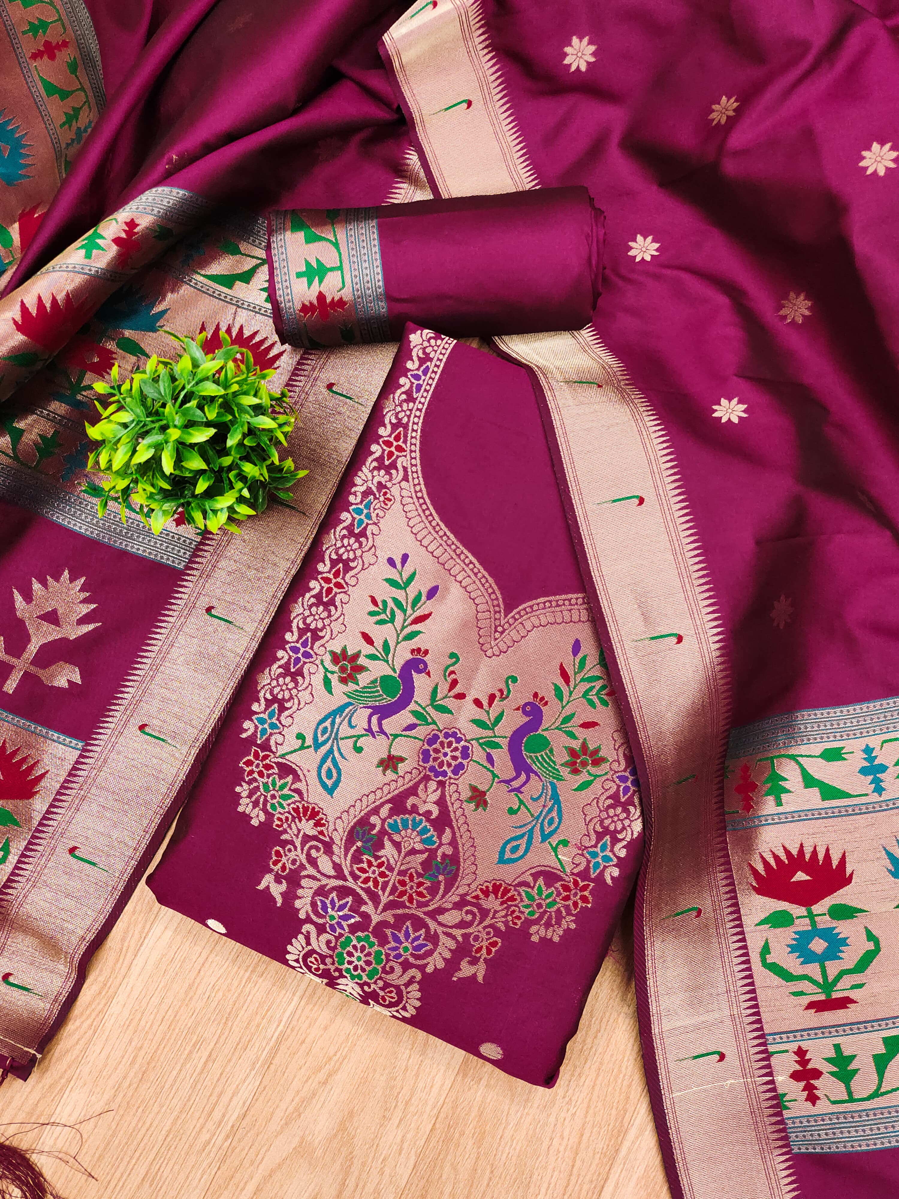 Maroon Color Paithani woven Pattern Top, Bottom & Dupatta Dress Material