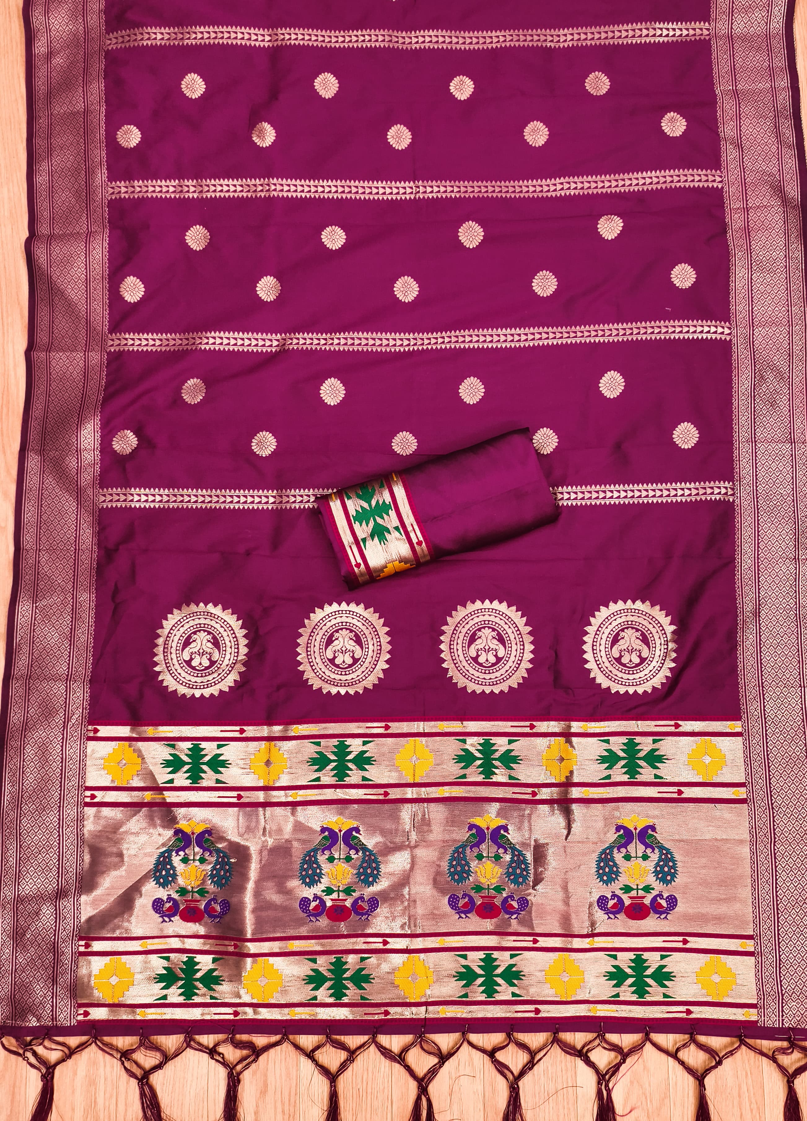 Wine Color Paithani woven Pattern Top, Bottom & Dupatta Dress Material