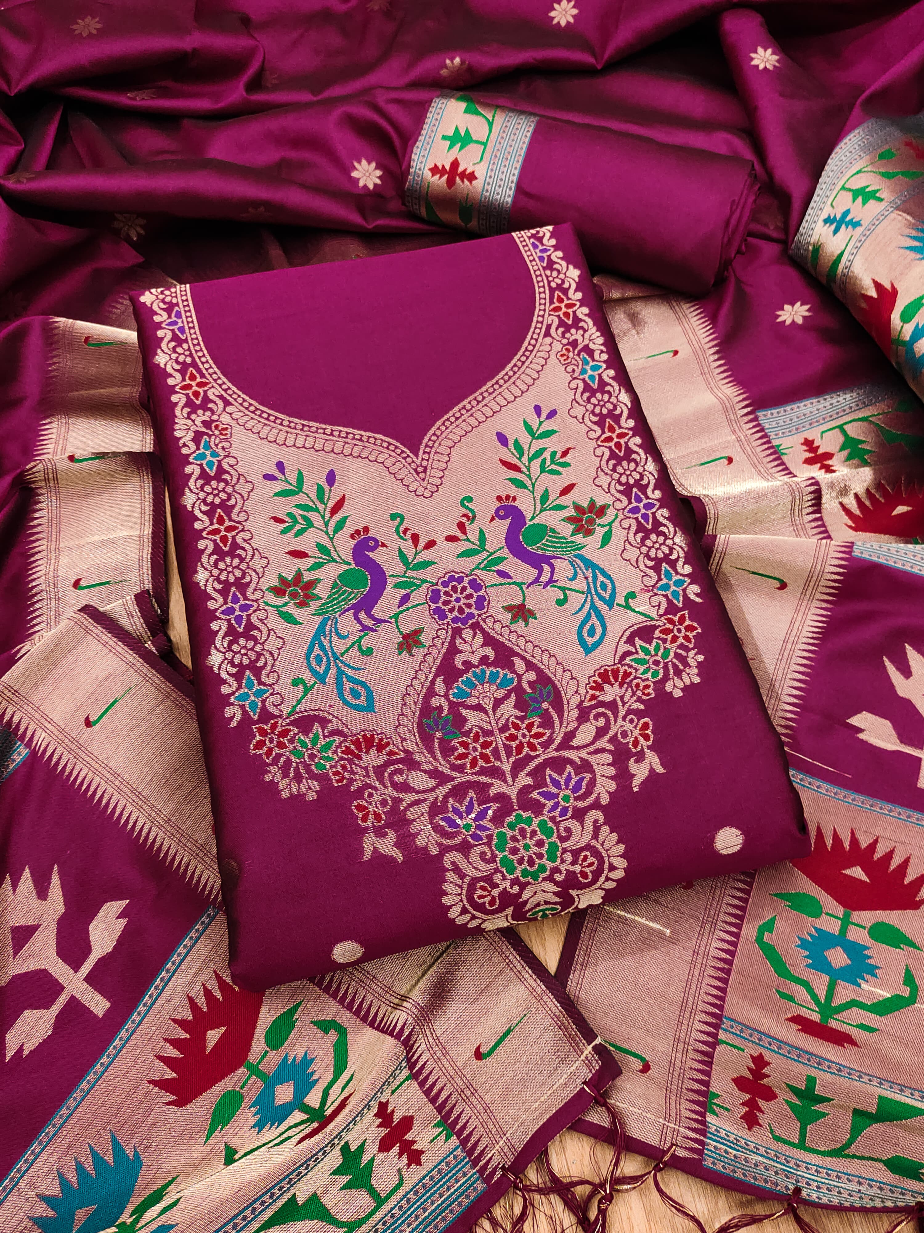 Maroon Color Paithani woven Pattern Top, Bottom & Dupatta Dress Material