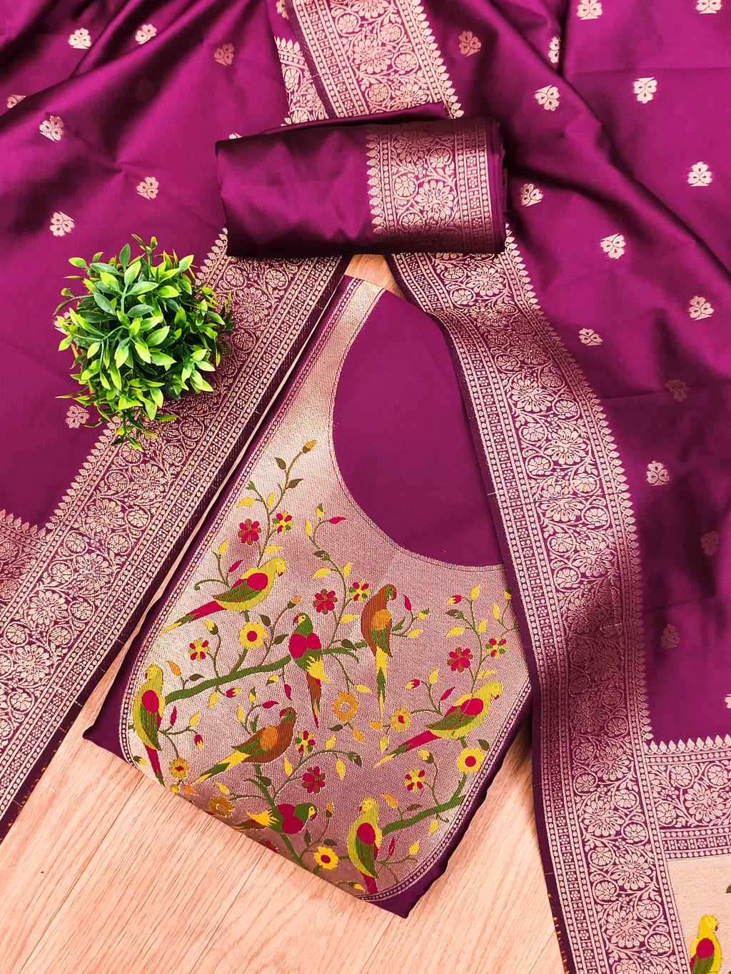 Wine Color Paithani woven Pattern Top, Bottom & Dupatta Dress Material